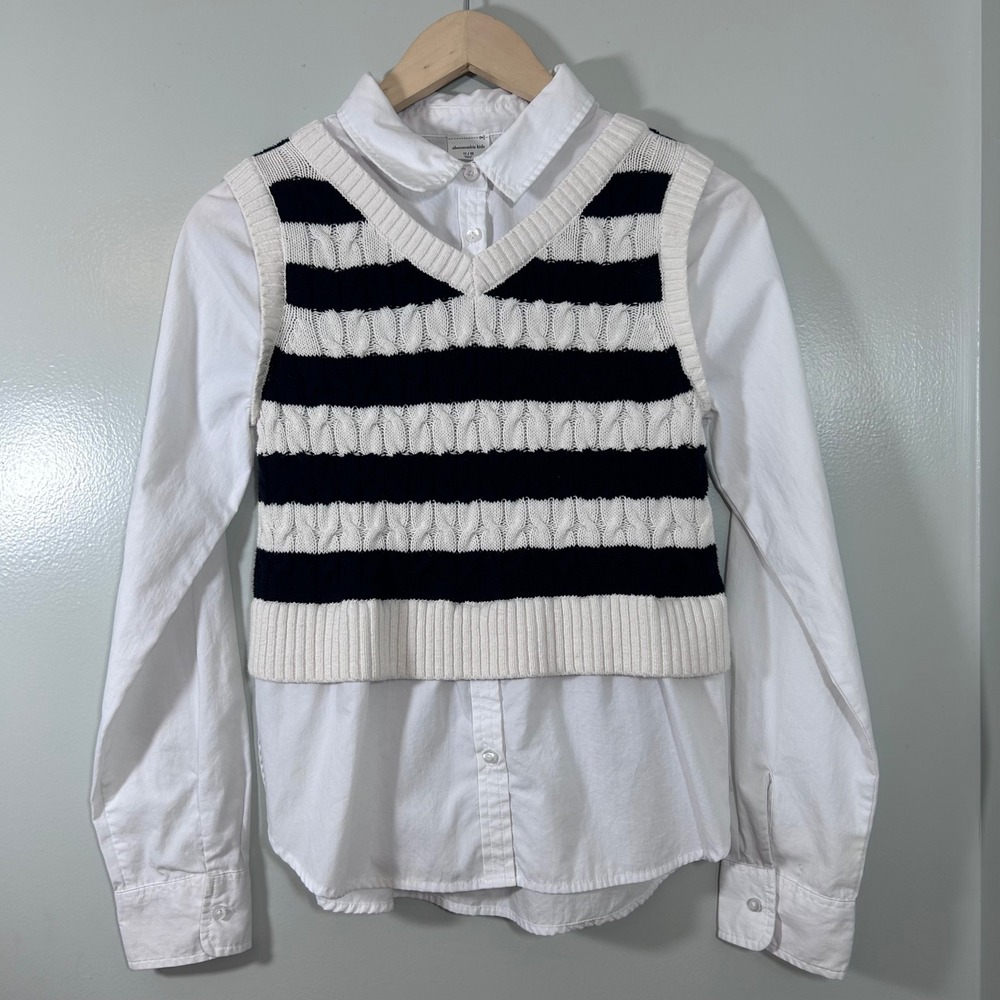 Abercrombie Kids Girls 11/12 2-in-1 Sweater Vest Shirt Navy White Striped Preppy